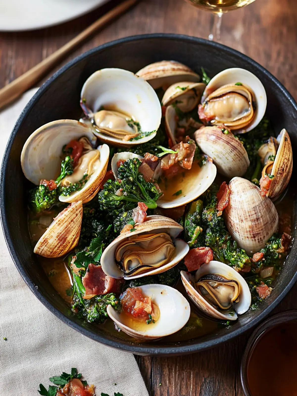 Savory Clams with Broccoli Rabe and Crispy Prosciutto Delight 4 Clams with Broccoli Rabe and Crispy Prosciutto in Tomato-Wine Sauce