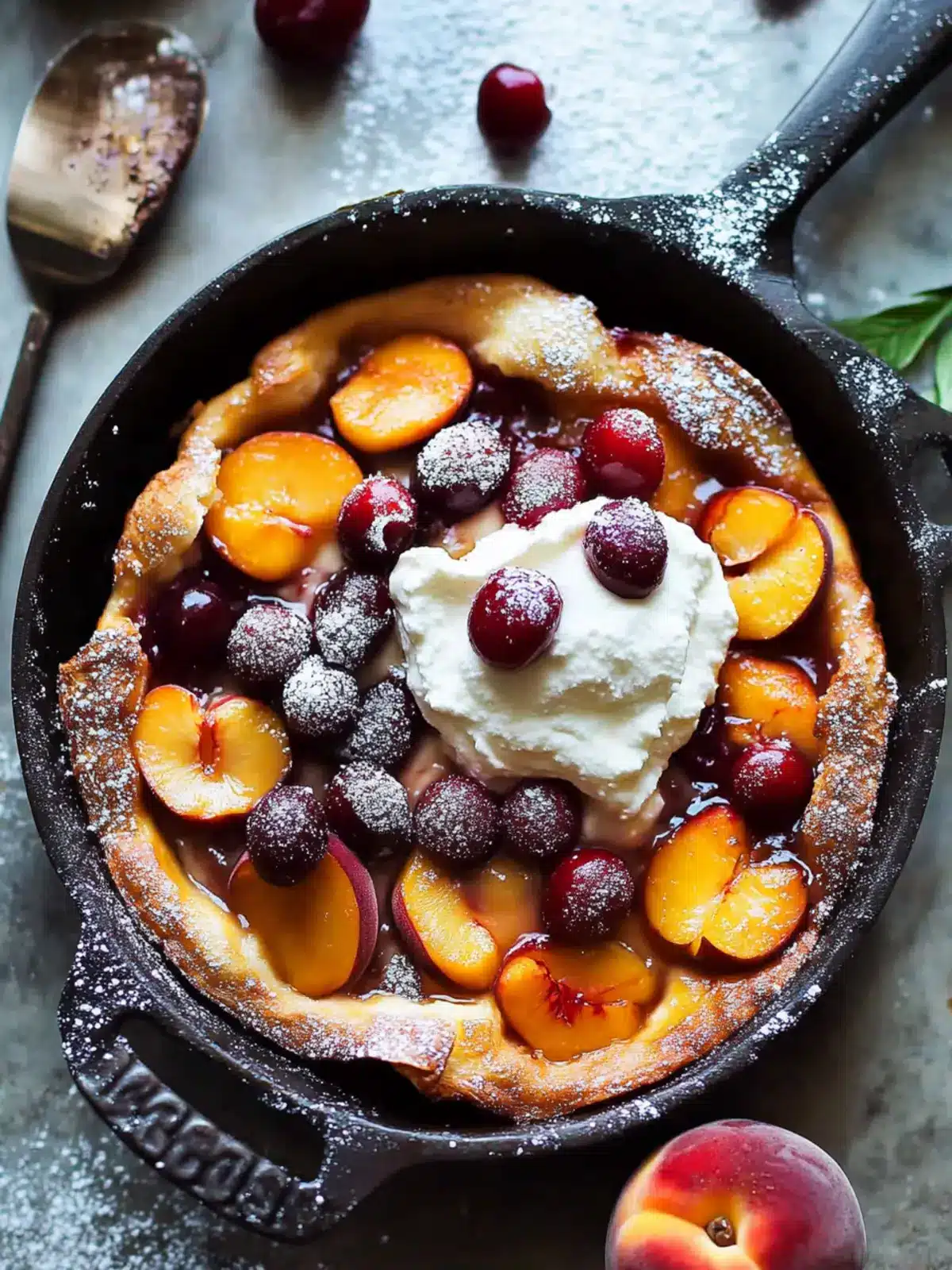 Delicious Cherry Peach Dutch Baby with Honey Whipped Cream 3 Cherry Peach Dutch Baby with Honey Whipped Cream