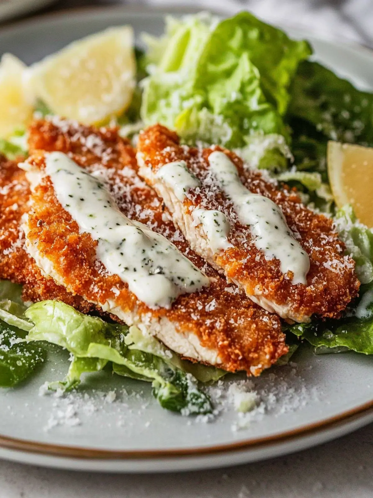 Taste the Best Chicken Caesar Salad with Crispy Schnitzel & Yoghurt Dressing 3 Chicken Caesar Salad with Crispy Schnitzel & Yoghurt Dressing