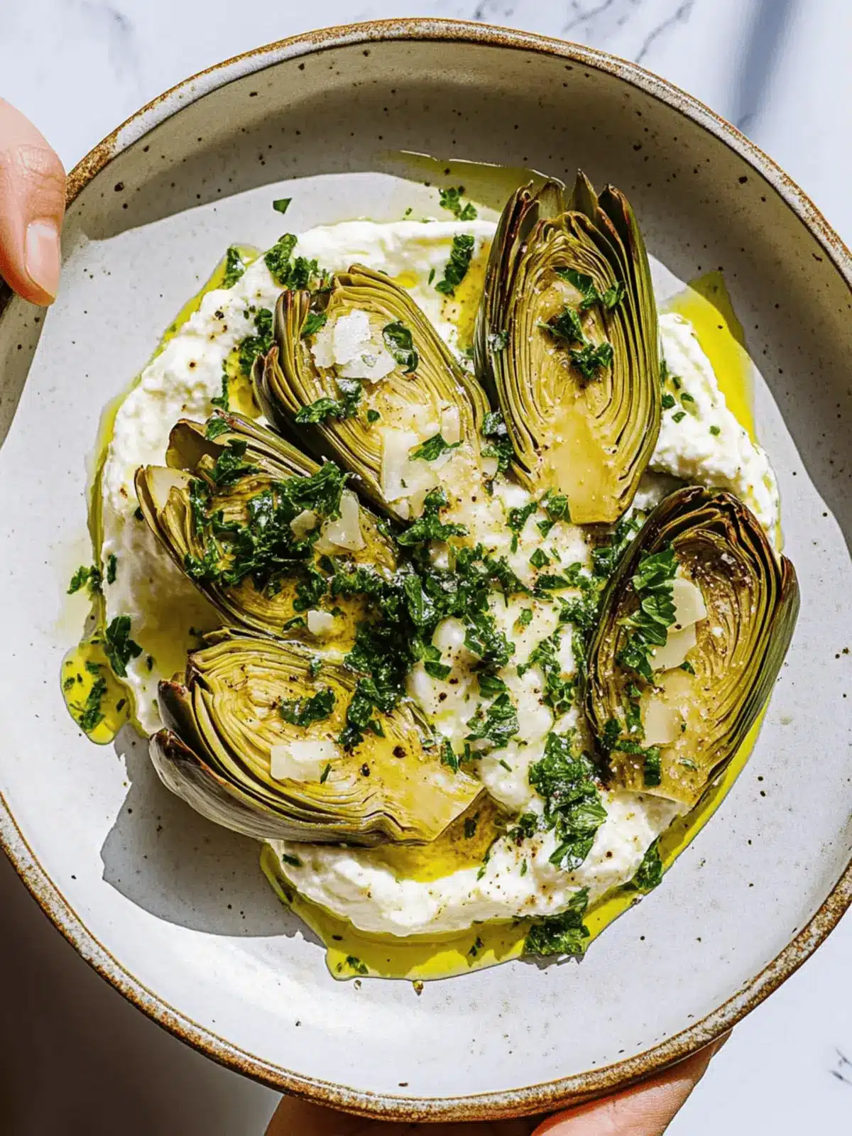 Savory Artichokes on Whipped Ricotta with Herb Gremolata Delight 3 Artichokes on Whipped Ricotta with Herb Gremolata