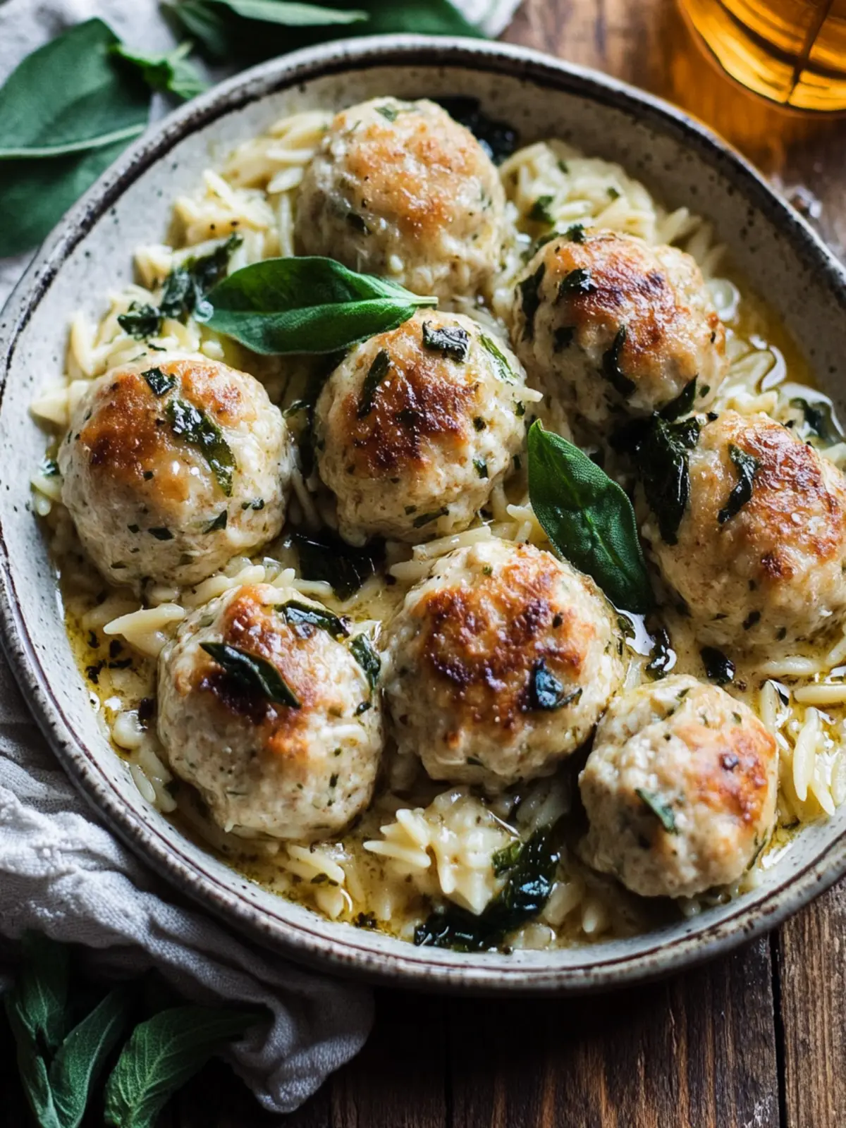 Savor Baked Sage Chicken Meatballs with Creamy Parmesan Orzo 3 Baked Sage Chicken Meatballs with Parmesan Orzo