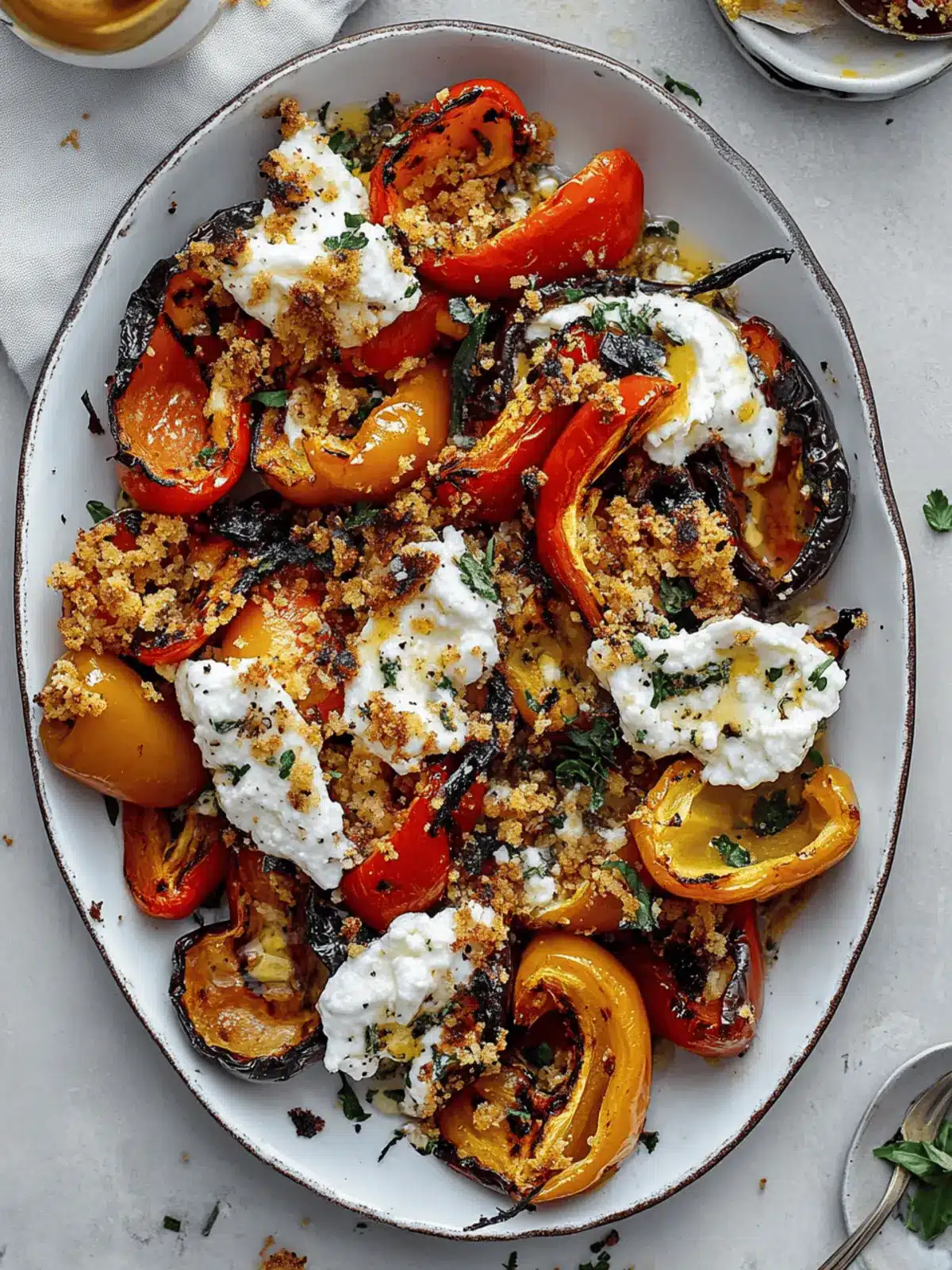 Grilled Marinated Peppers with Burrata and Crunchy Breadcrumbs 3 Grilled Marinated Peppers with Burrata and Breadcrumbs