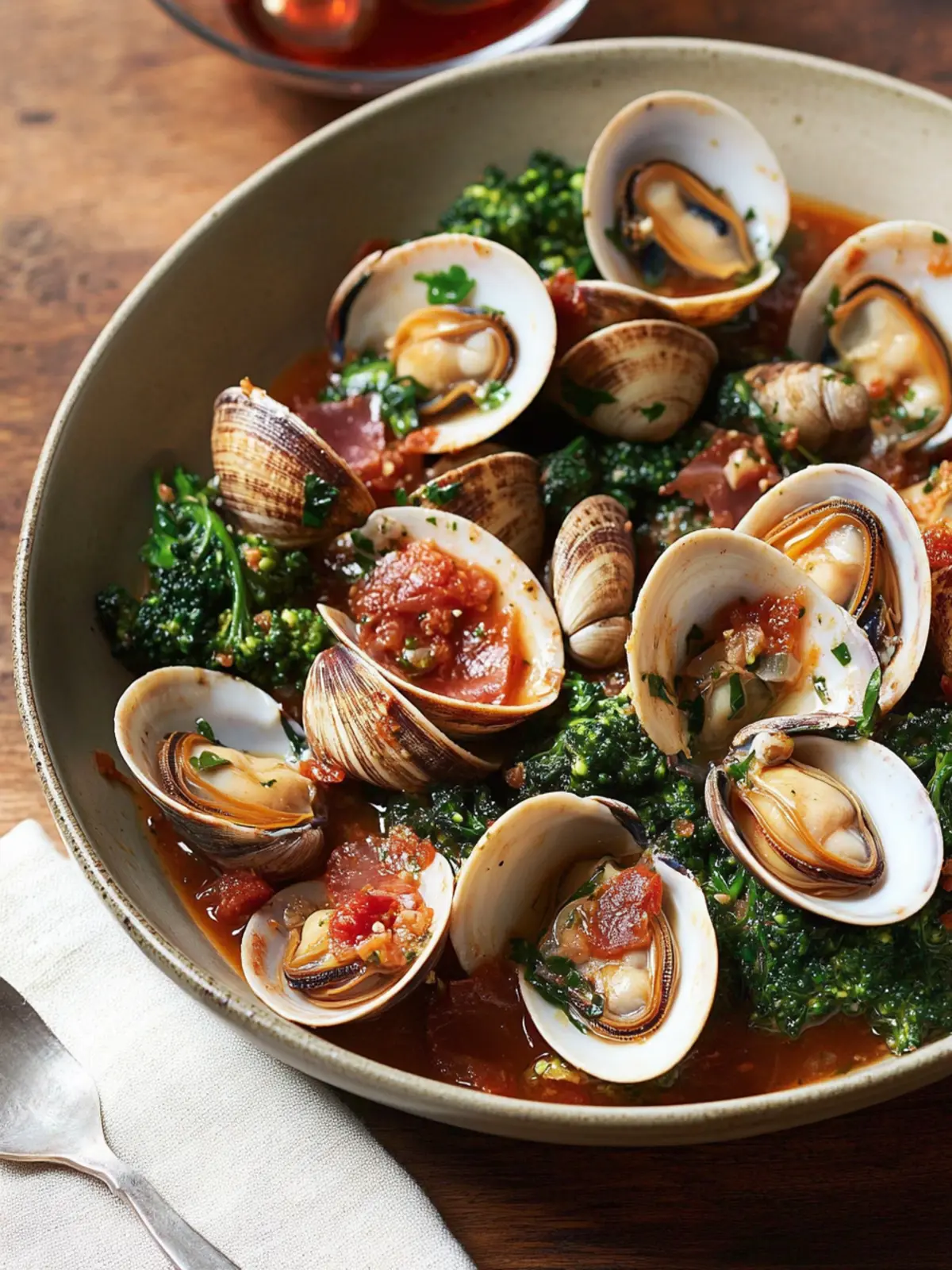 Savory Clams with Broccoli Rabe and Crispy Prosciutto Delight 2 Clams with Broccoli Rabe and Crispy Prosciutto in Tomato-Wine Sauce