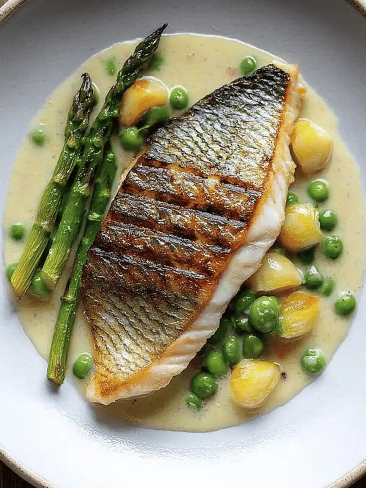 Grilled Bream with Mustard Tarragon Sauce, Peas & Asparagus Delights 3 Grilled Bream with Mustard Tarragon Sauce, Peas & Asparagus Delights