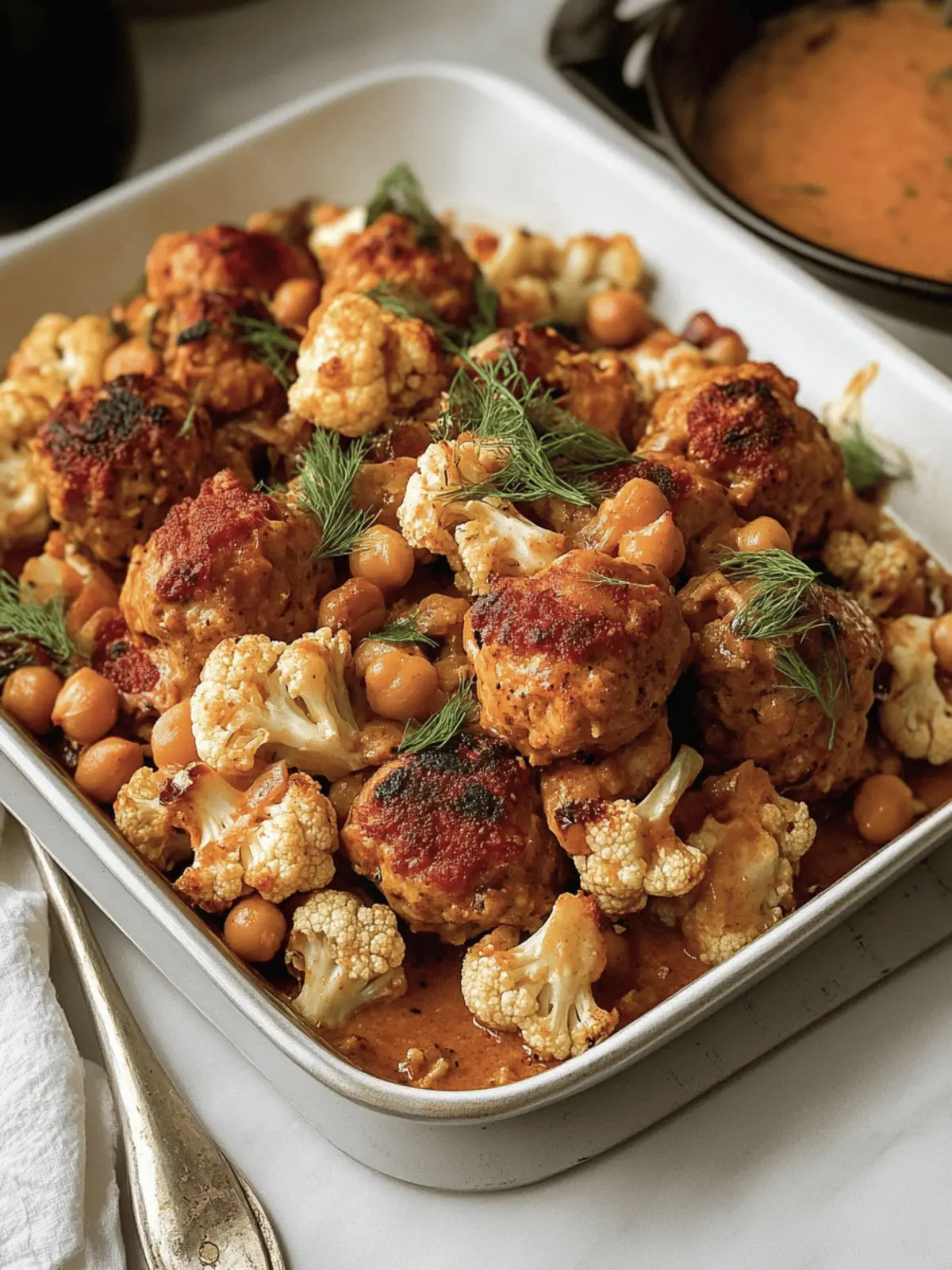 Sheet Pan Harissa Chicken Meatballs with Chickpeas and Cauliflower 2 Sheet Pan Harissa Chicken Meatballs with Chickpeas and Cauliflower
