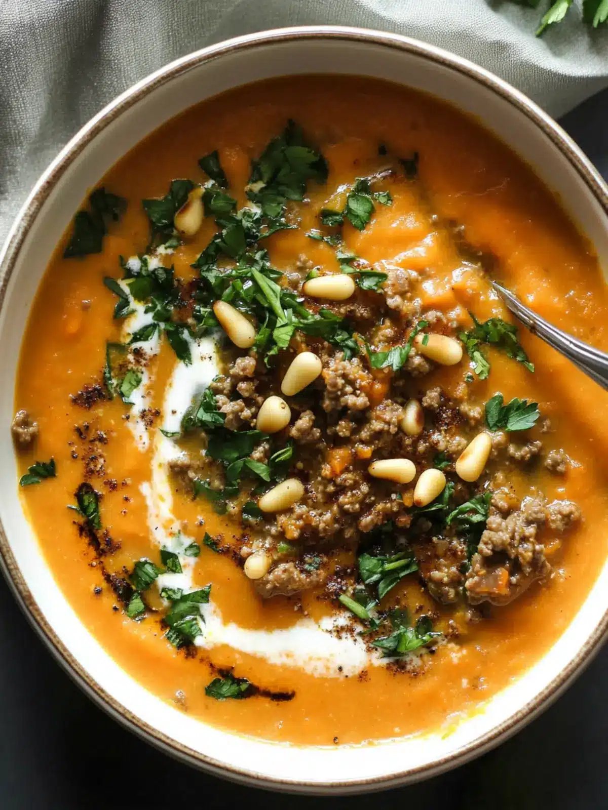 Delicious Carrot Soup with Spiced Ground Beef & Pine Nuts 3 Carrot Soup with Spiced Ground Beef and Pine Nuts