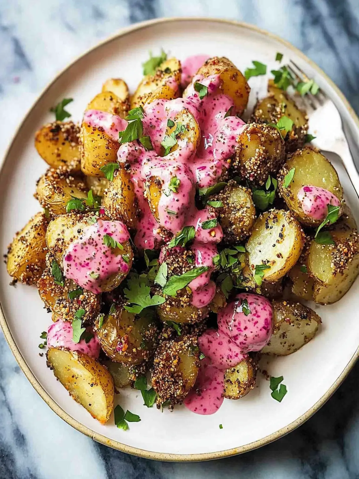 Crispy Dukkah Potatoes with Aioli and Pink Tahini Magic 3 Crispy Dukkah Potatoes with Aioli and Pink Tahini Sauce