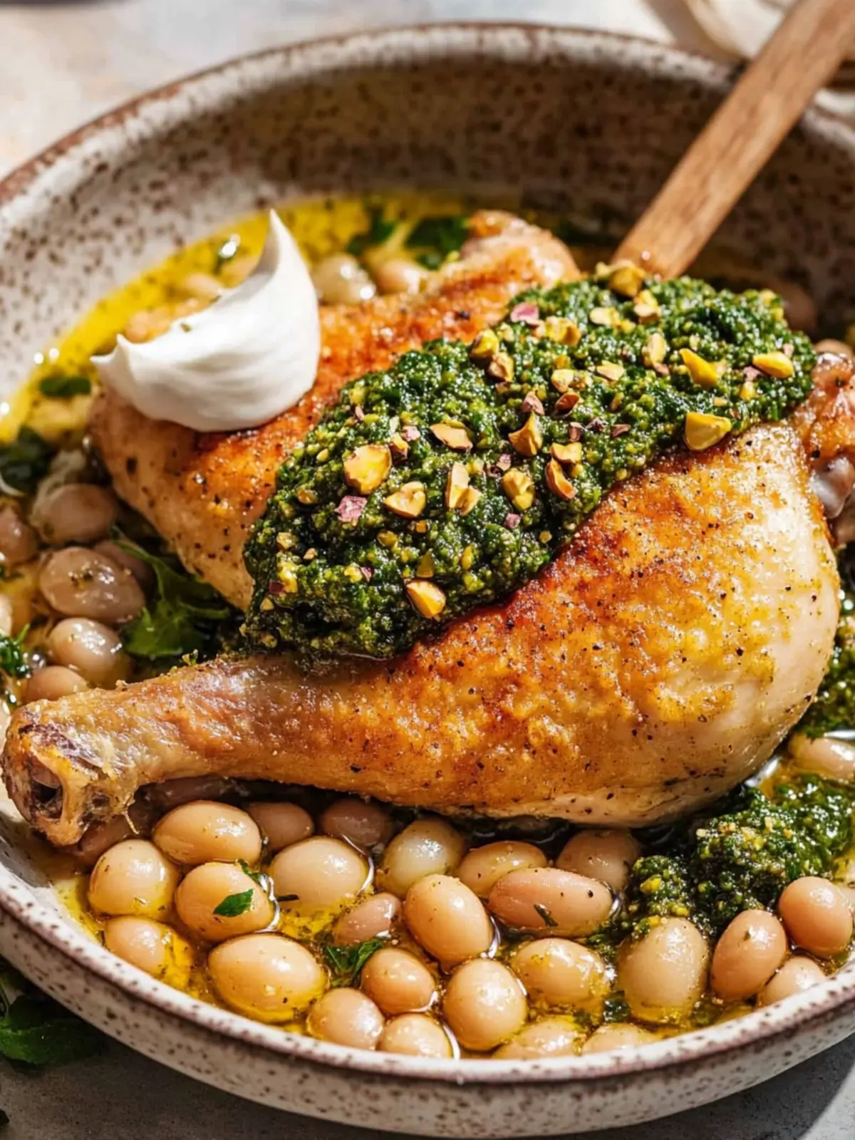 One-Pan Crispy Chicken with Cannellini Beans and Pistachio Pesto Magic 2 One-Pan Crispy Chicken with Cannellini Beans and Pistachio Pesto