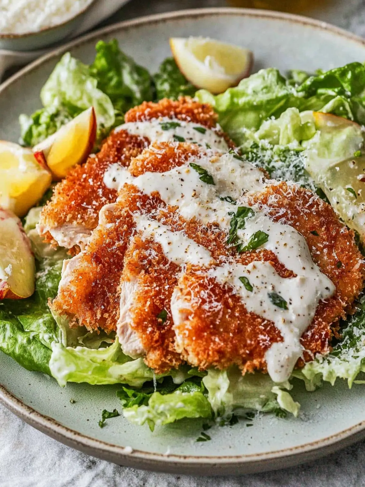 Taste the Best Chicken Caesar Salad with Crispy Schnitzel & Yoghurt Dressing 2 Chicken Caesar Salad with Crispy Schnitzel & Yoghurt Dressing