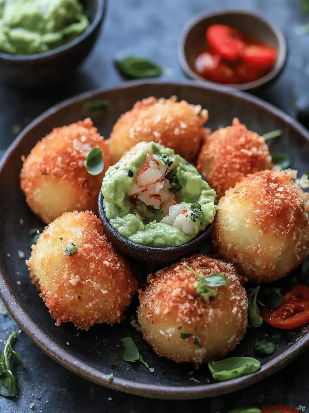 Blue Cheese Lobster Beignets with Spicy Avocado Cream Delight 3 Blue Cheese Lobster Beignets with Spicy Avocado Cream + Garden Veggie Sauté