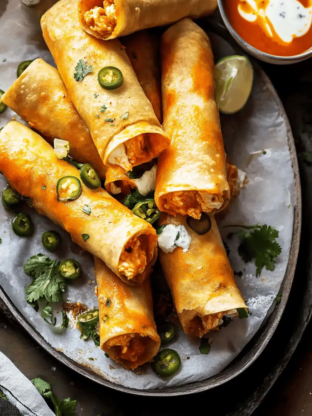 Spicy Jalapeño Cream Cheese Chicken Taquitos with Buffalo Sauce 2 Jalapeño Cream Cheese Chicken Taquitos with Buffalo Sauce