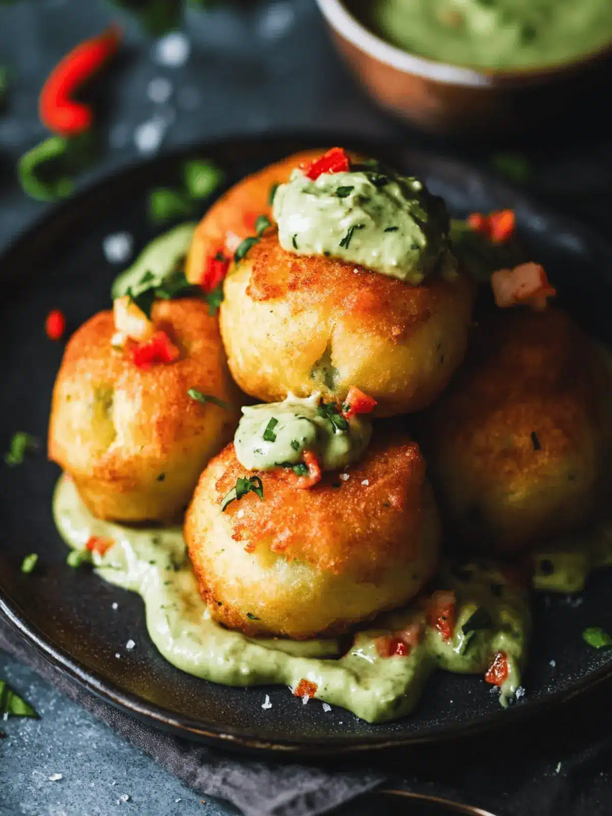 Blue Cheese Lobster Beignets with Spicy Avocado Cream Delight 2 Blue Cheese Lobster Beignets with Spicy Avocado Cream + Garden Veggie Sauté