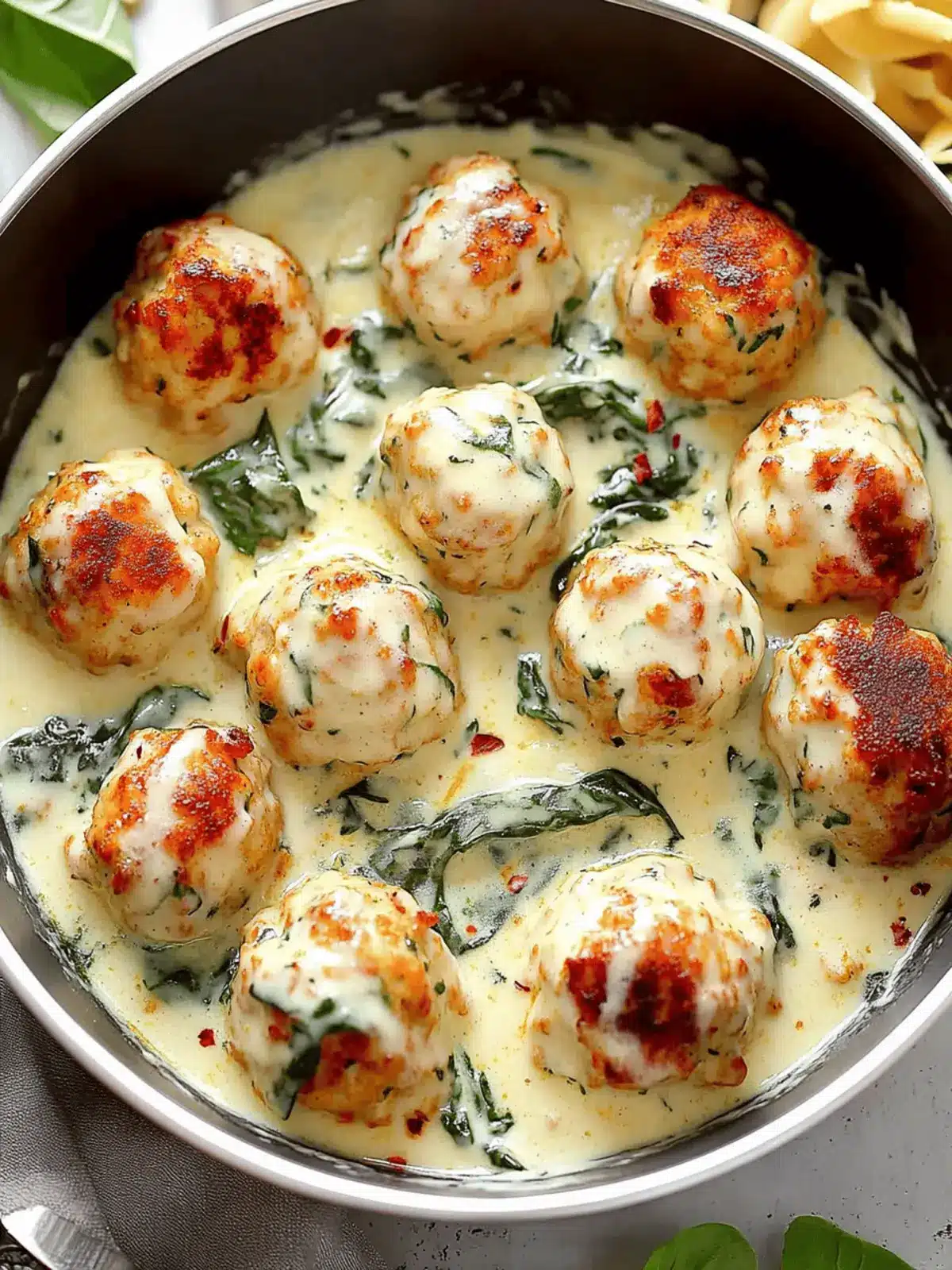 Baked Chicken Ricotta Meatballs in Spinach Alfredo Bliss 2 Baked Chicken Ricotta Meatballs in Spinach Alfredo Bliss