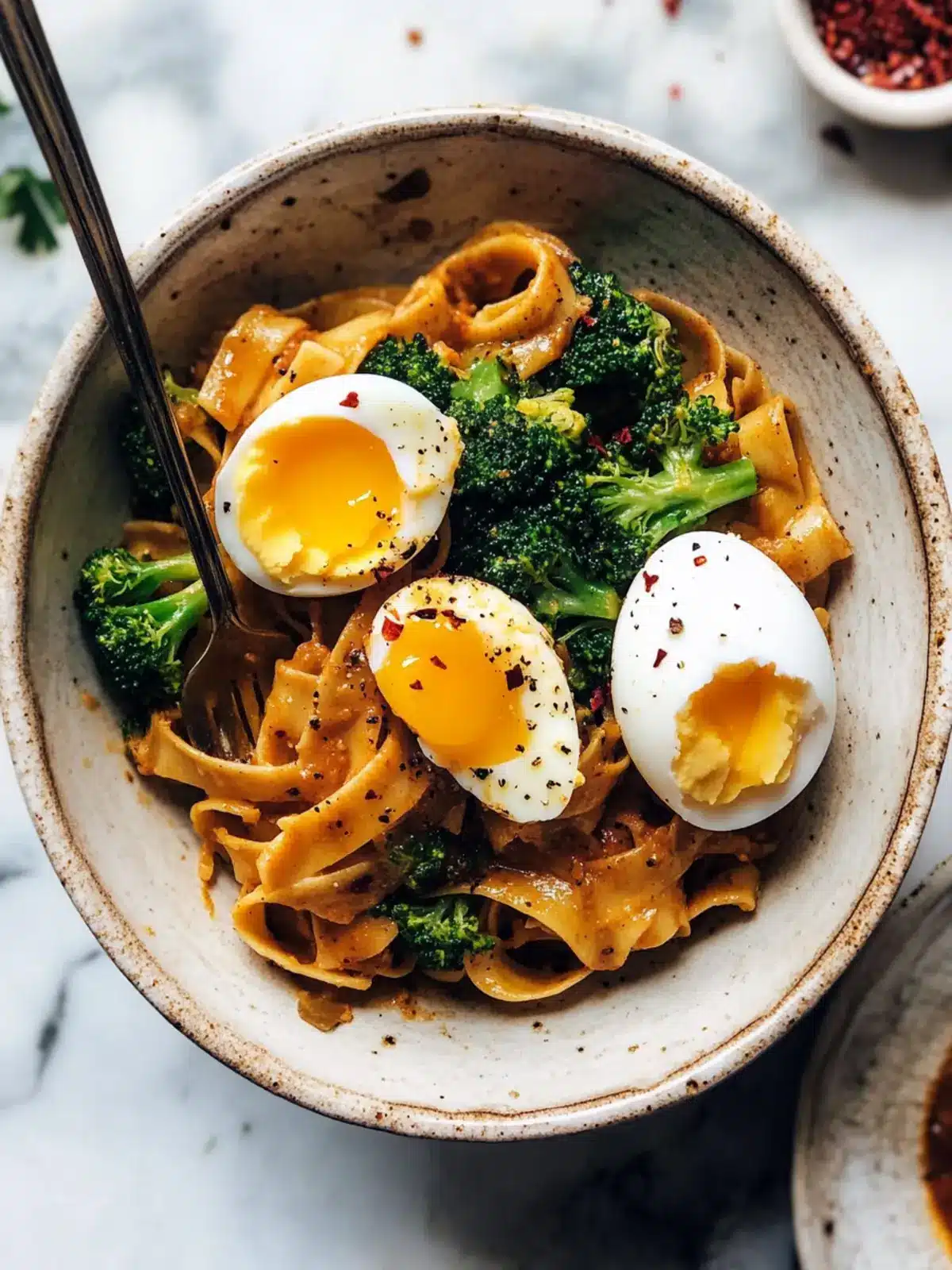 Chili Garlic Pappardelle with Smashed Broccoli & Soft Eggs Delight 2 Chili Garlic Pappardelle with Smashed Broccoli and Soft Eggs