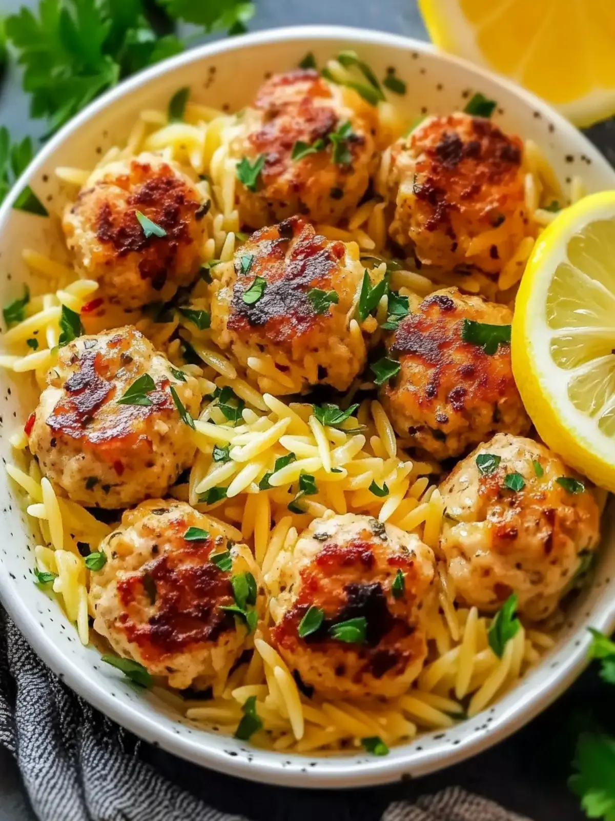 Savory Greek Chicken Meatballs with Zesty Lemon Orzo Delight 3 Greek Chicken Meatballs with Lemon Orzo