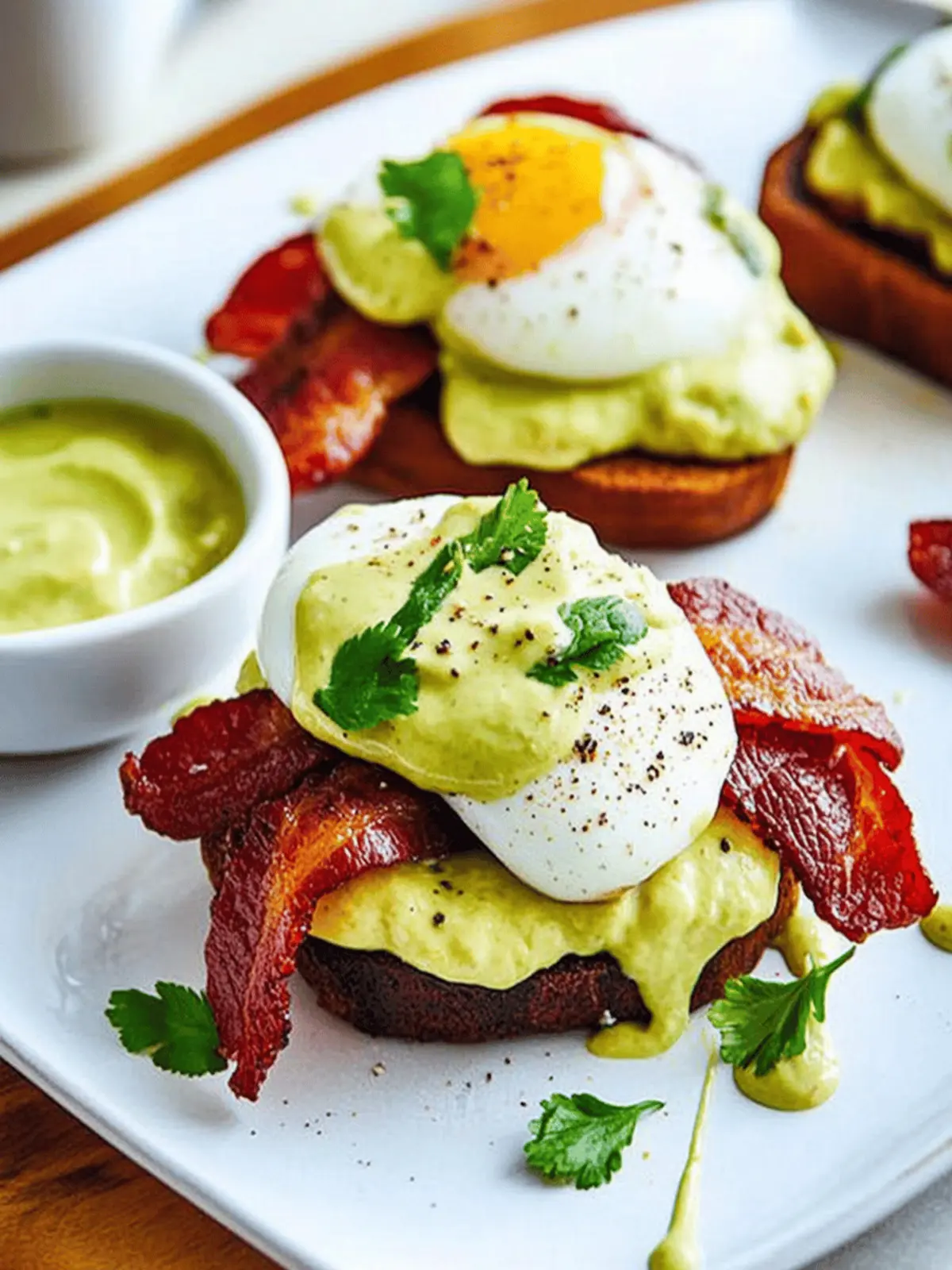Eggs Benedict with Bacon and Avodaise for a Fresh Twist 3 Eggs Benedict with Bacon, Avodaise (Avocado Hollandaise) and Harissa