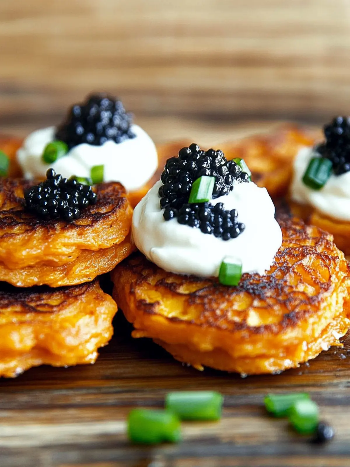 Sweet Potato Pancakes with Caviar and Crème Fraîche Delight 2 Sweet Potato Pancakes with Caviar and Crème Fraîche