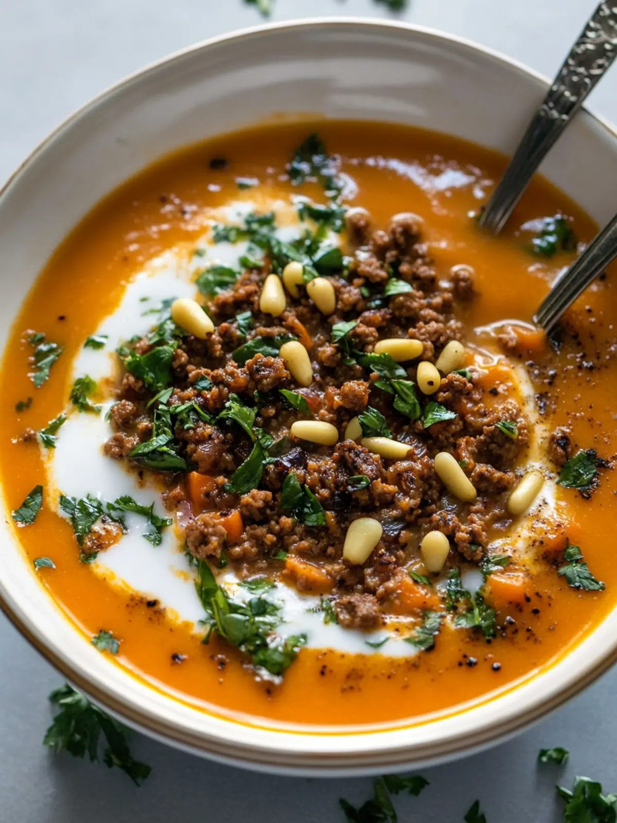 Delicious Carrot Soup with Spiced Ground Beef & Pine Nuts 4 Carrot Soup with Spiced Ground Beef and Pine Nuts