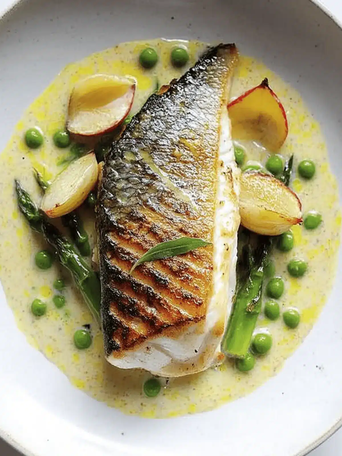 Grilled Bream with Mustard Tarragon Sauce, Peas & Asparagus Delights 2 Grilled Bream with Mustard Tarragon Sauce, Peas & Asparagus Delights