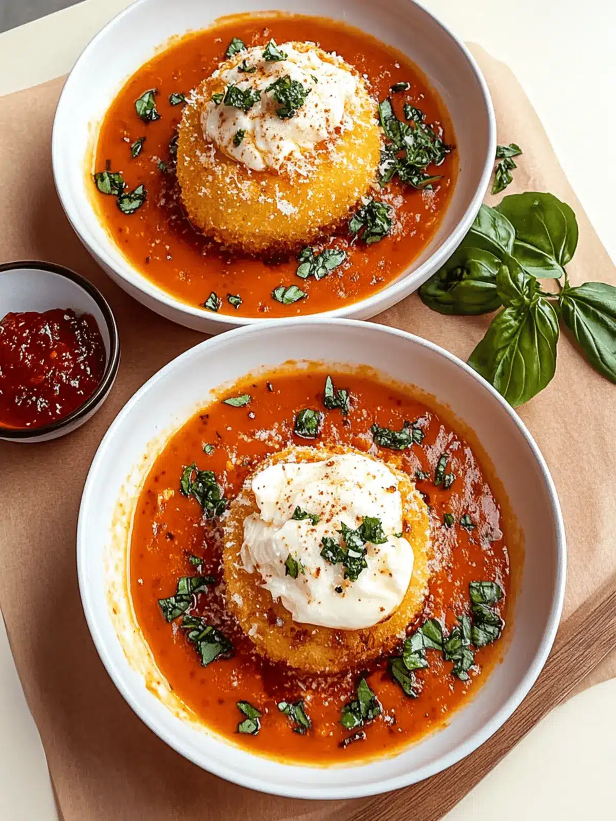 Crispy Fried Burrata with Spicy Vodka-Style Sauce Delight 4 Fried Burrata with Spicy Vodka-Style Sauce