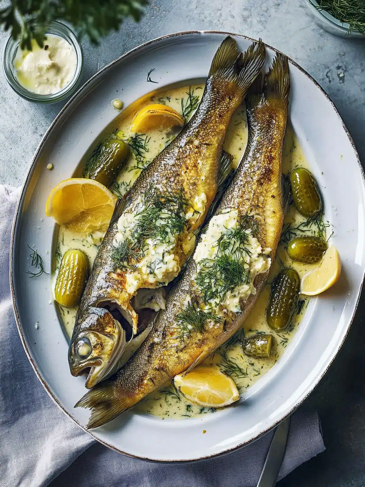 Bake Perfect Trout with Crème Fraîche and Zesty Gherkins 3 Trout with Crème Fraîche and Brined Gherkins