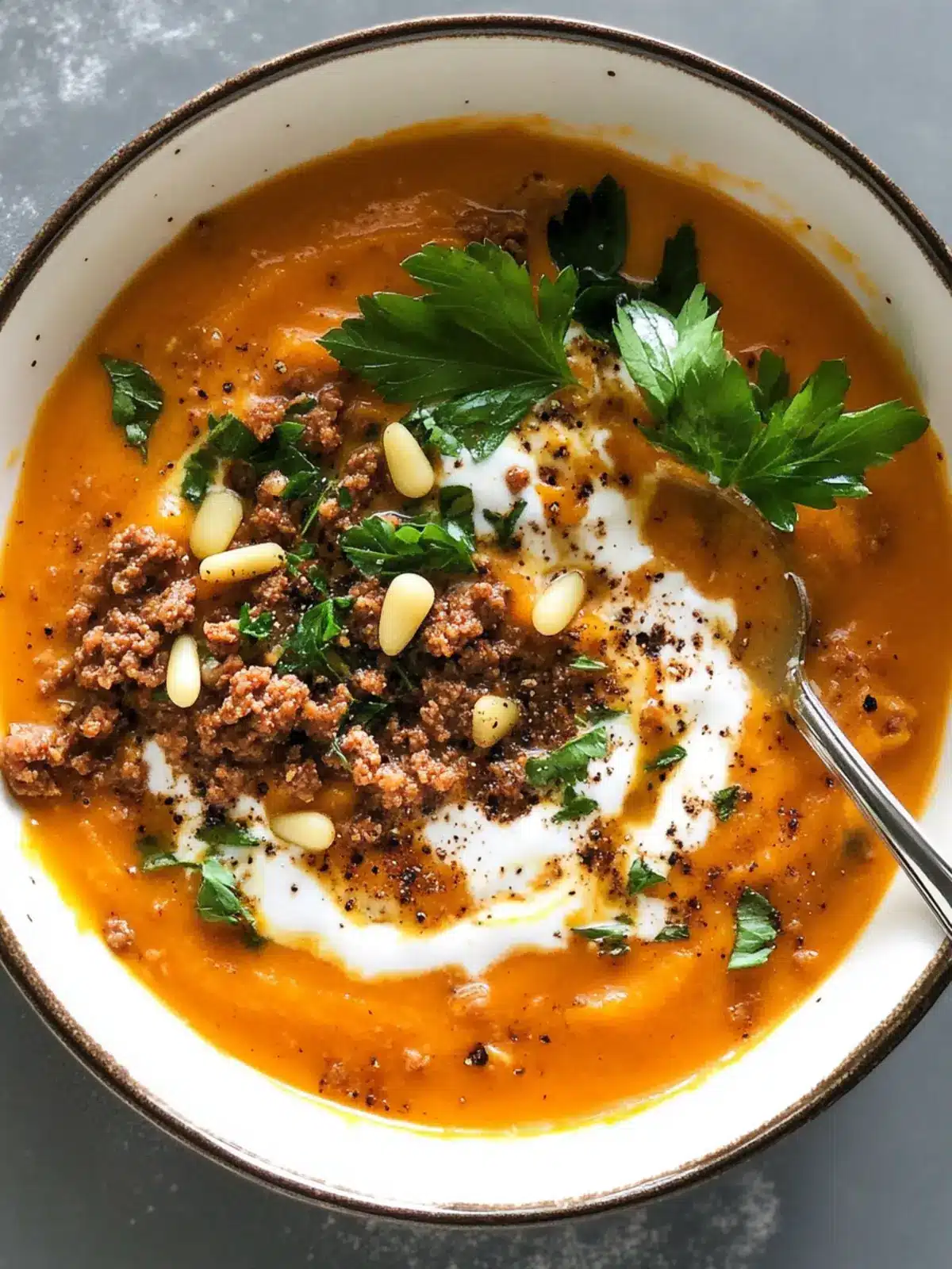 Delicious Carrot Soup with Spiced Ground Beef & Pine Nuts 2 Carrot Soup with Spiced Ground Beef and Pine Nuts