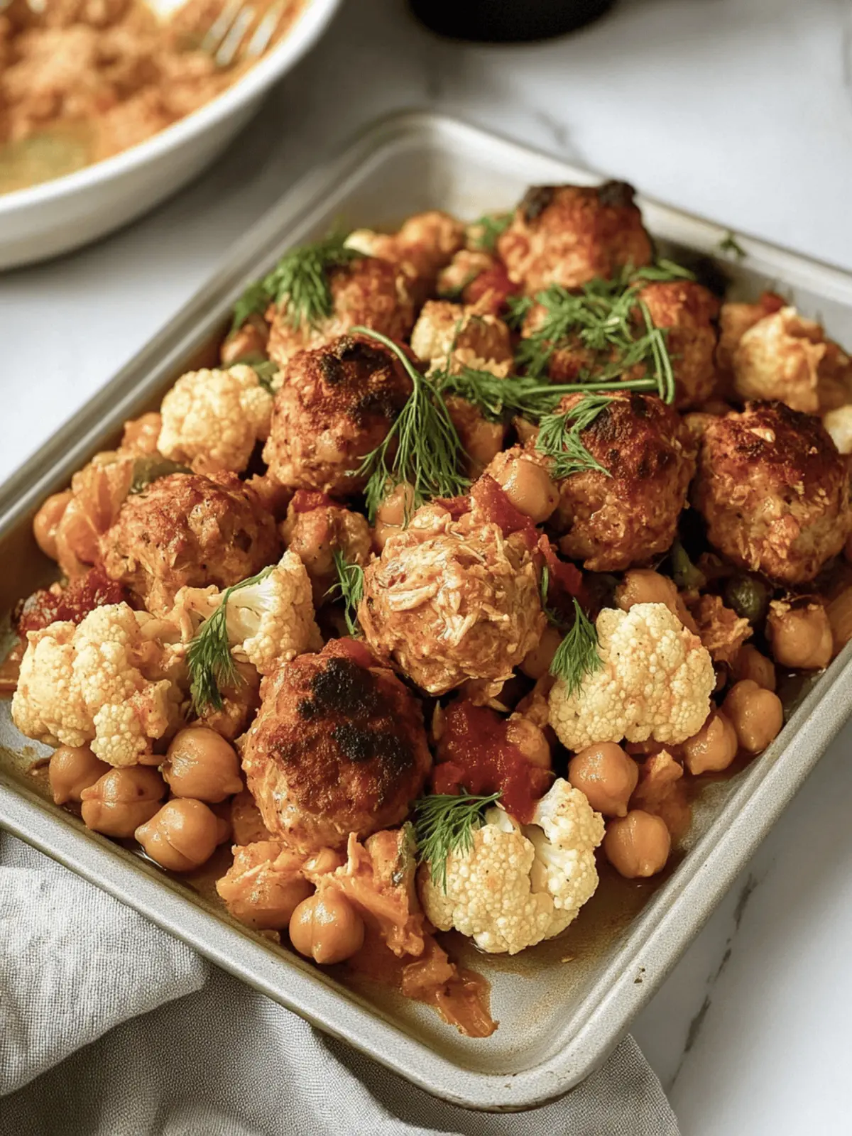 Sheet Pan Harissa Chicken Meatballs with Chickpeas and Cauliflower 3 Sheet Pan Harissa Chicken Meatballs with Chickpeas and Cauliflower