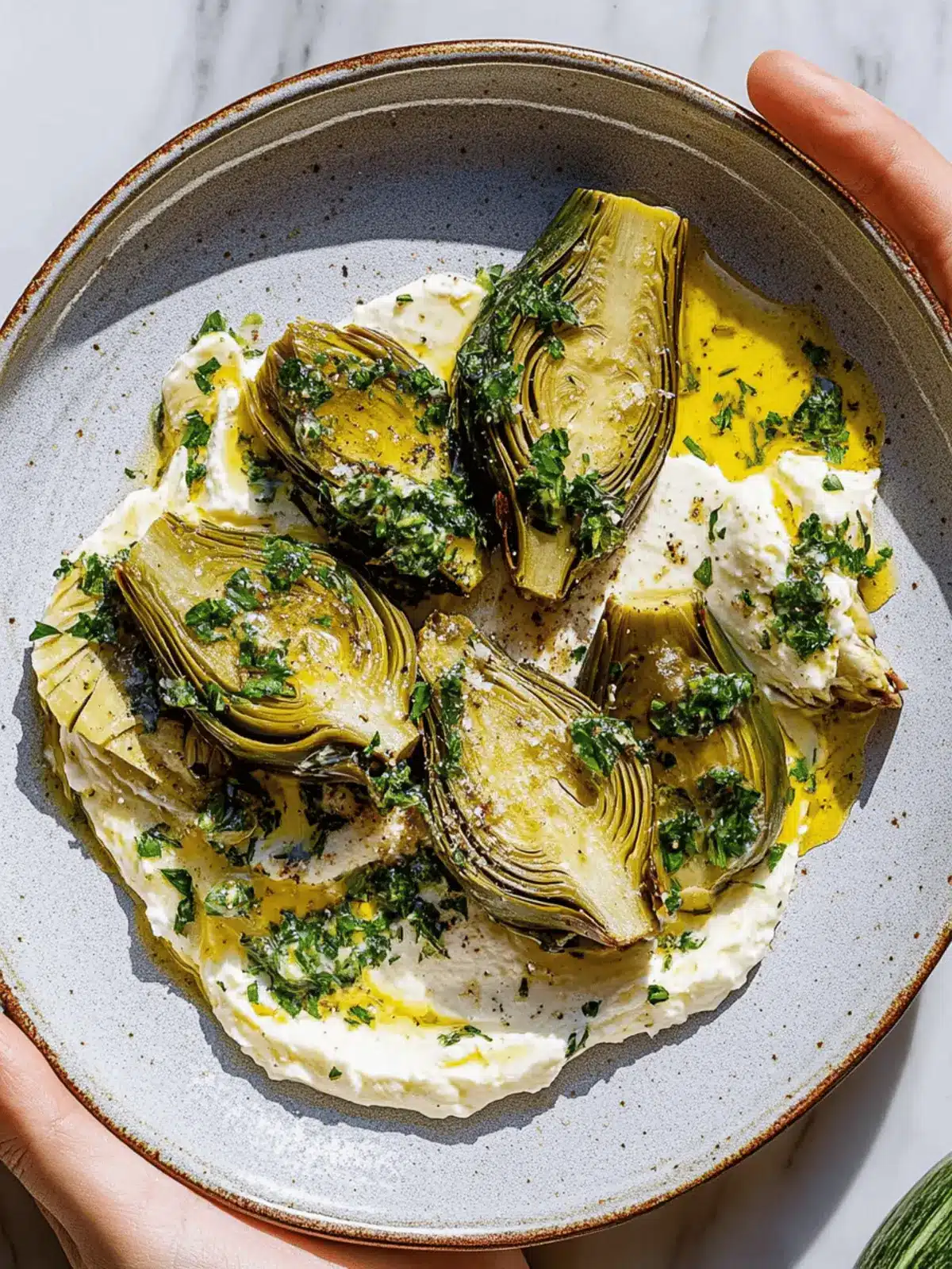Savory Artichokes on Whipped Ricotta with Herb Gremolata Delight 2 Artichokes on Whipped Ricotta with Herb Gremolata