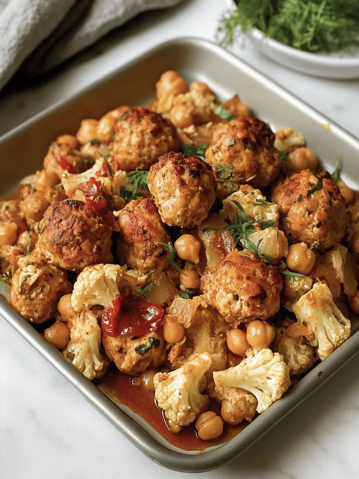 Sheet Pan Harissa Chicken Meatballs with Chickpeas and Cauliflower 4 Sheet Pan Harissa Chicken Meatballs with Chickpeas and Cauliflower