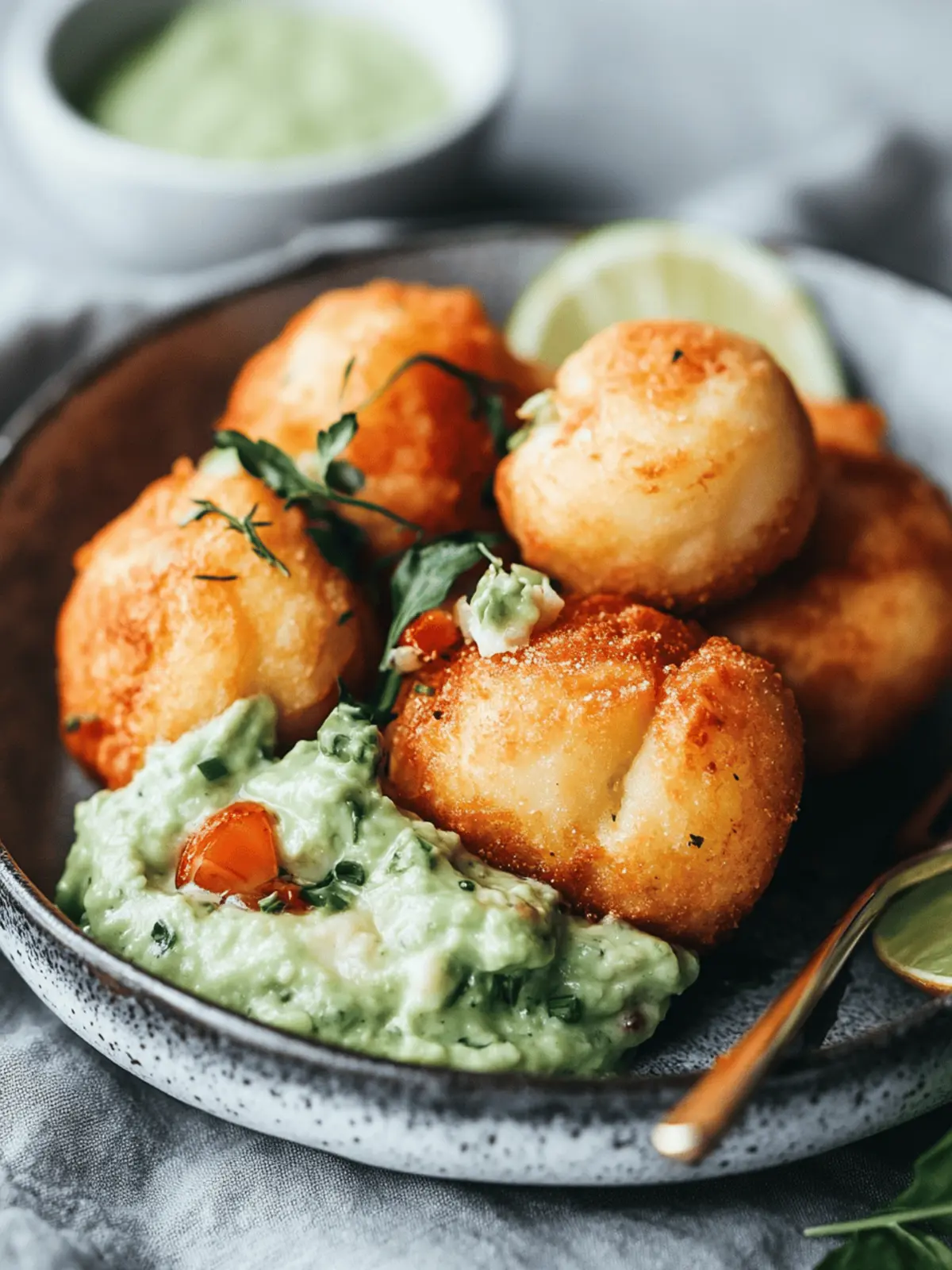 Blue Cheese Lobster Beignets with Spicy Avocado Cream Delight 4 Blue Cheese Lobster Beignets with Spicy Avocado Cream + Garden Veggie Sauté