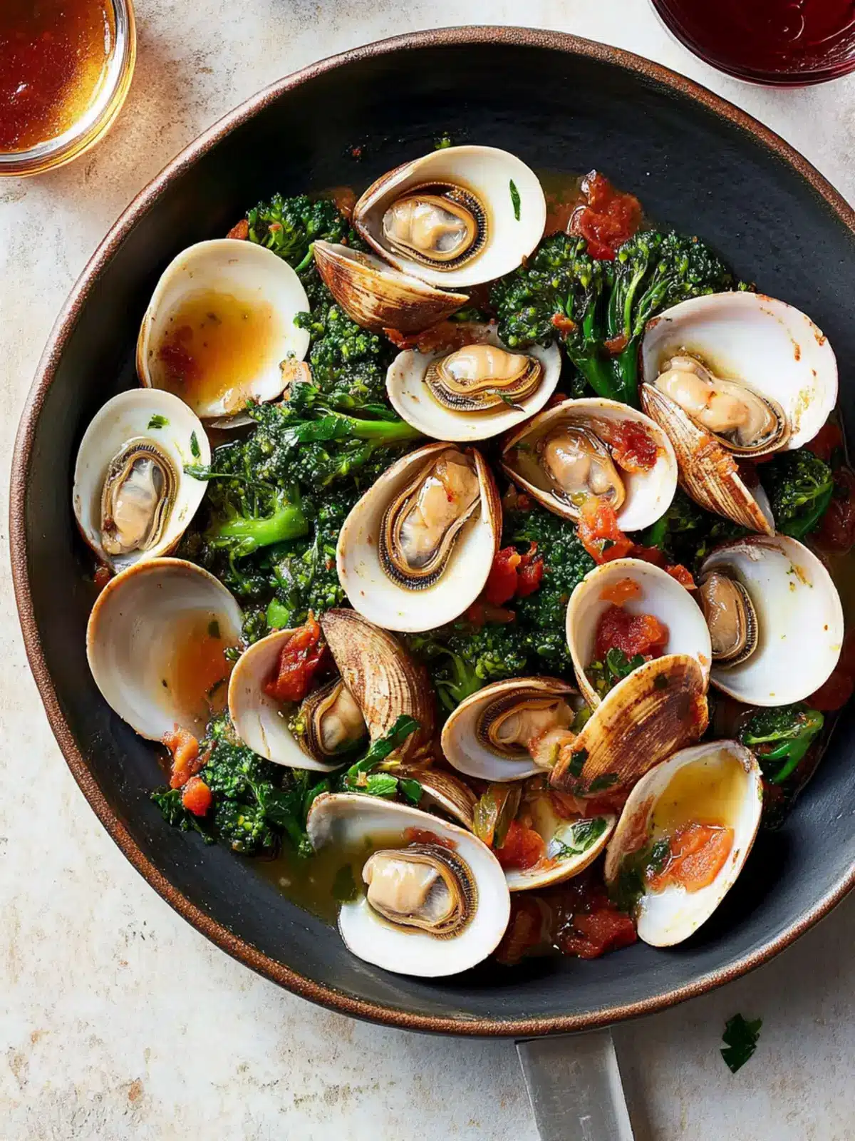 Savory Clams with Broccoli Rabe and Crispy Prosciutto Delight 3 Clams with Broccoli Rabe and Crispy Prosciutto in Tomato-Wine Sauce