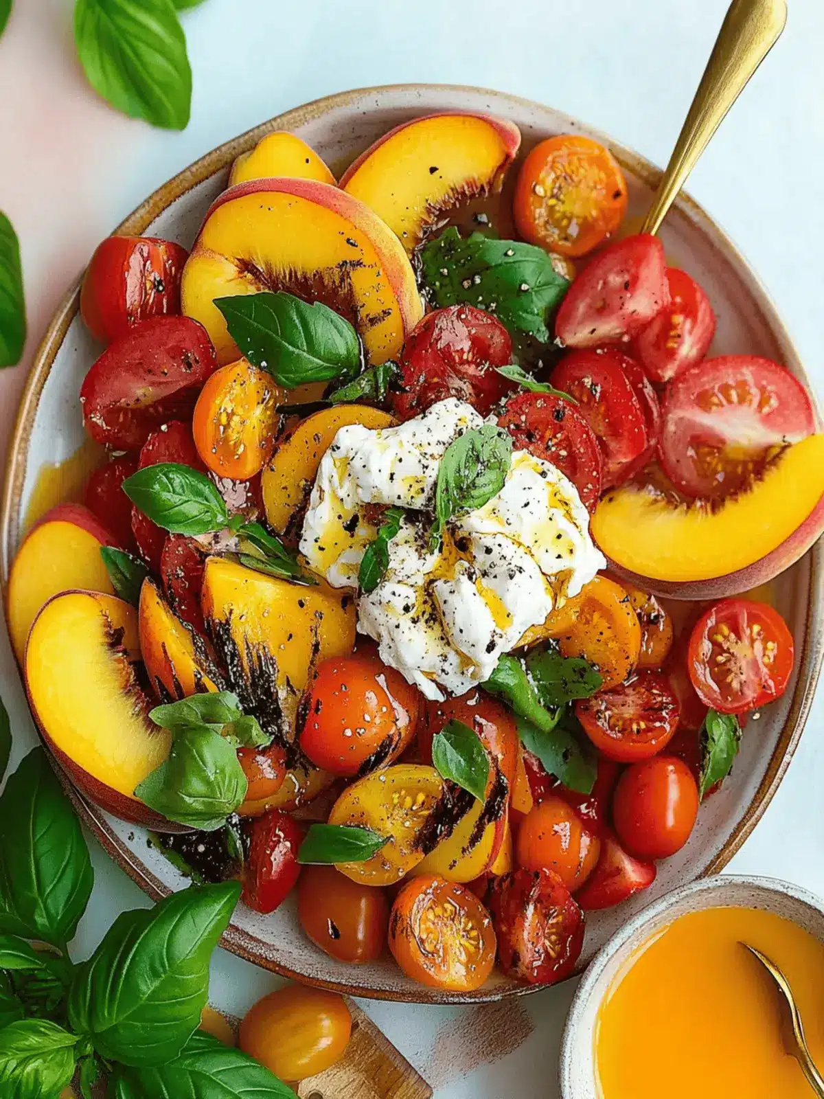 Peach Tomato Salad with Burrata and Basil for Summer Bliss 2 Peach Tomato Salad with Burrata and Basil