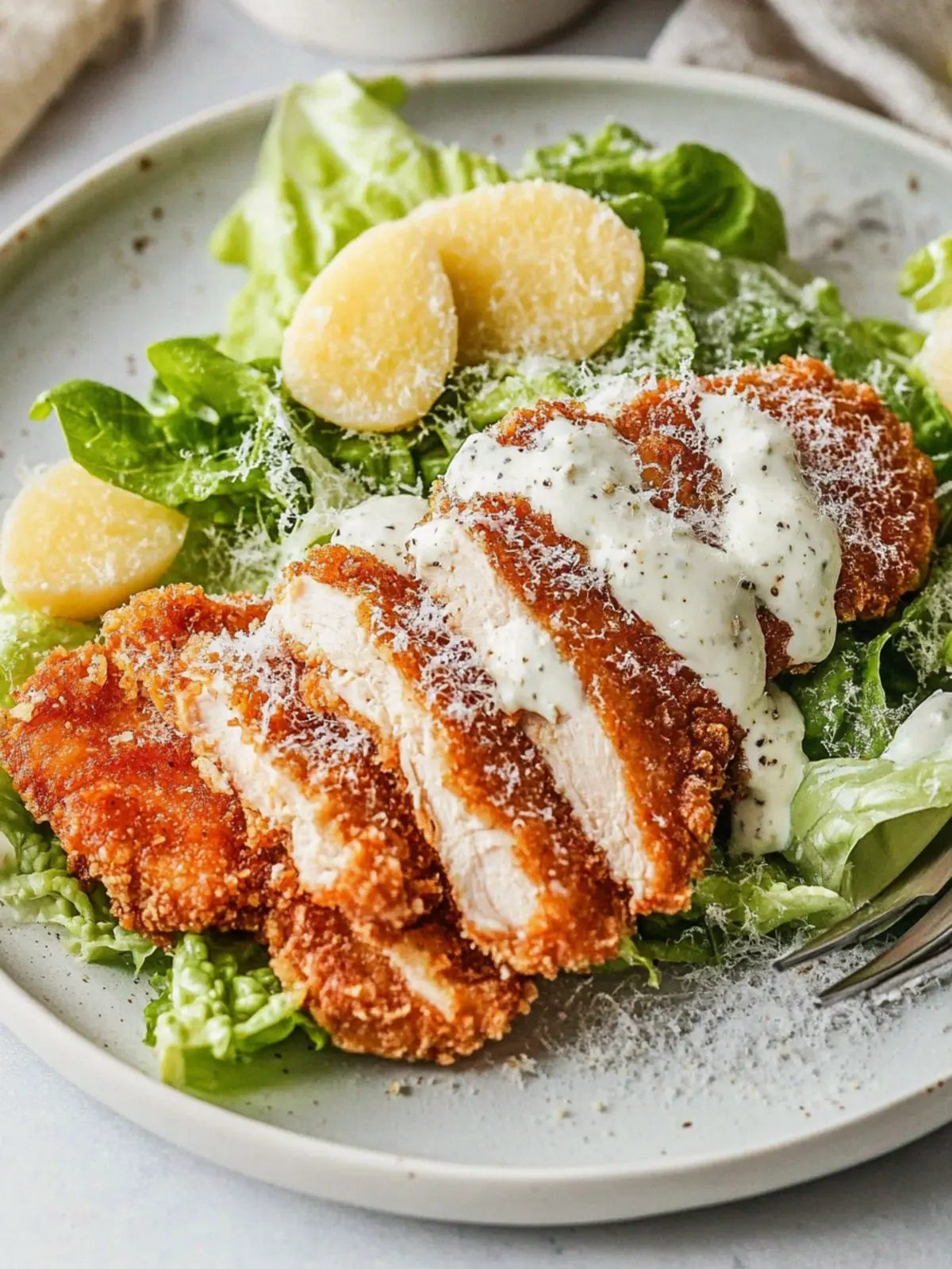 Taste the Best Chicken Caesar Salad with Crispy Schnitzel & Yoghurt Dressing 4 Chicken Caesar Salad with Crispy Schnitzel & Yoghurt Dressing